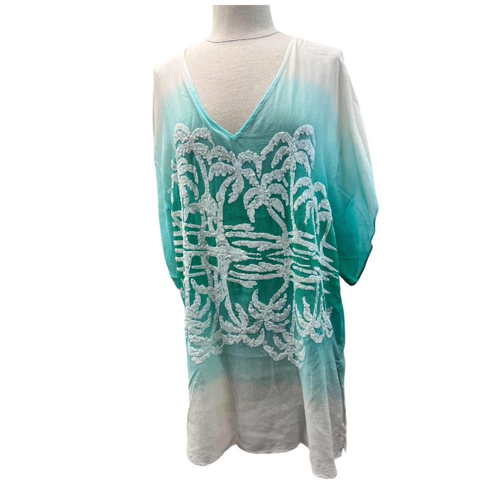 Milly Cabana Silk Kaftan Women M Turquoise Ombre Sequin Palm Tree‎ Cover Up NWT
